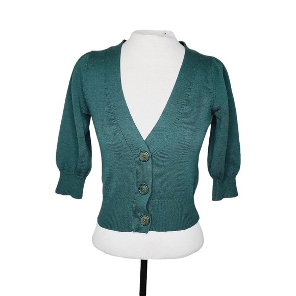 CLUB MONACO 100% Italian Merino Wool Preppy Cropped Puff Sleeve Cardigan - Picture 3 of 12